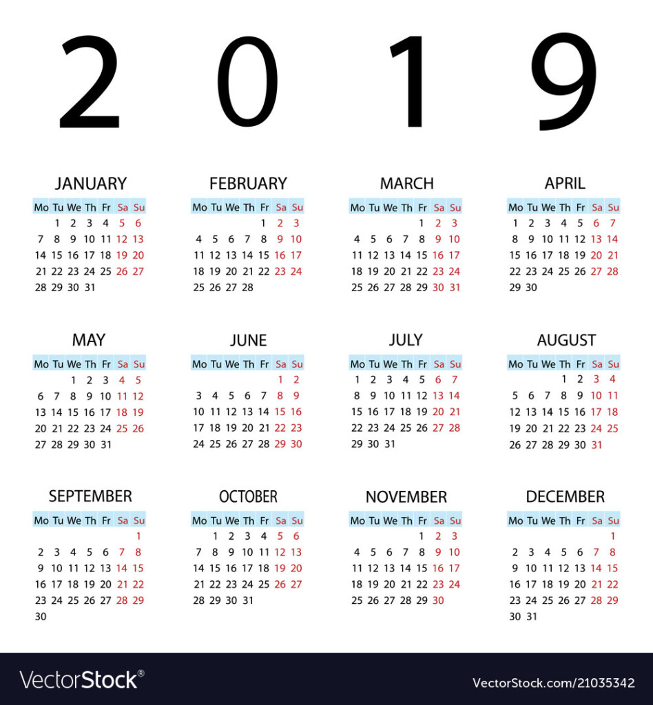 Calendar 2019 Year Week Starts With Monday Vector Image - 2019 Calendar With Week Numbers Starting Monday