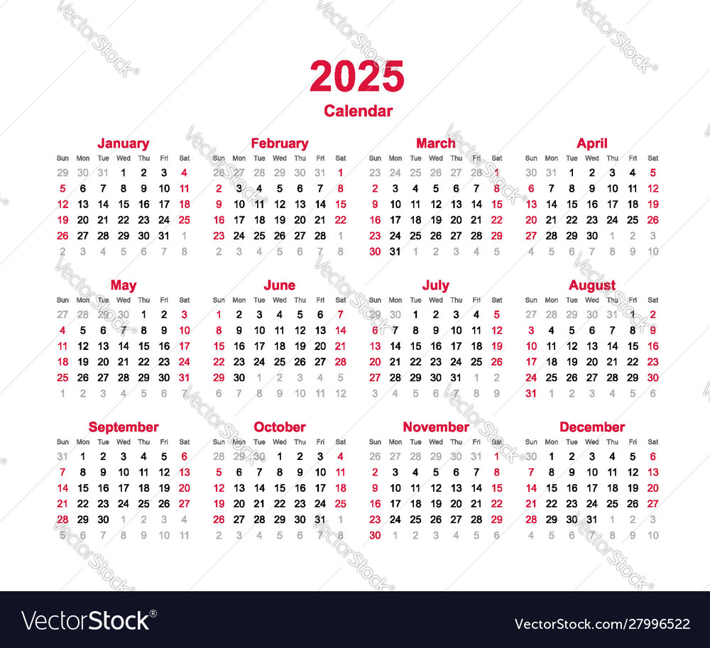 Calendar 2025 12 Months Yearly Royalty Free Vector Image - 12 Month 2025 Calendar Numbered Weeks