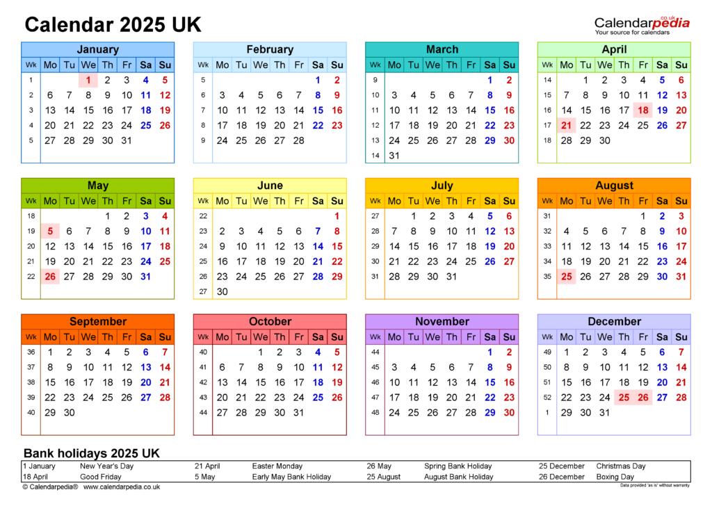 Calendar 2025 UK Free Printable PDF Templates - 2025 Calendar With Week Numbers Uk