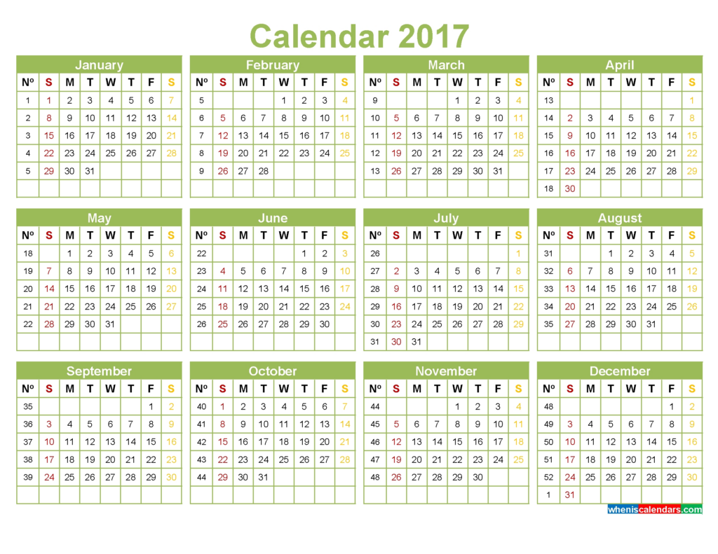 Calendar By Week 2017 Printable Template Calendar Design - 2017 Annual Calendar With Week Numbers