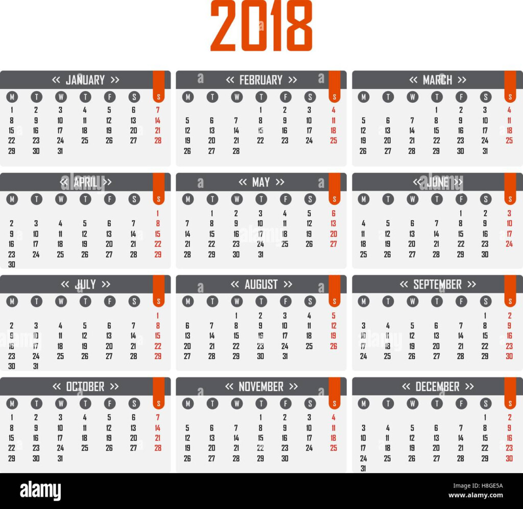 Calendar For 2018 Week Starts On Monday Stock Vector Art  - Calendar With Week Numbers 2018 Start Monday