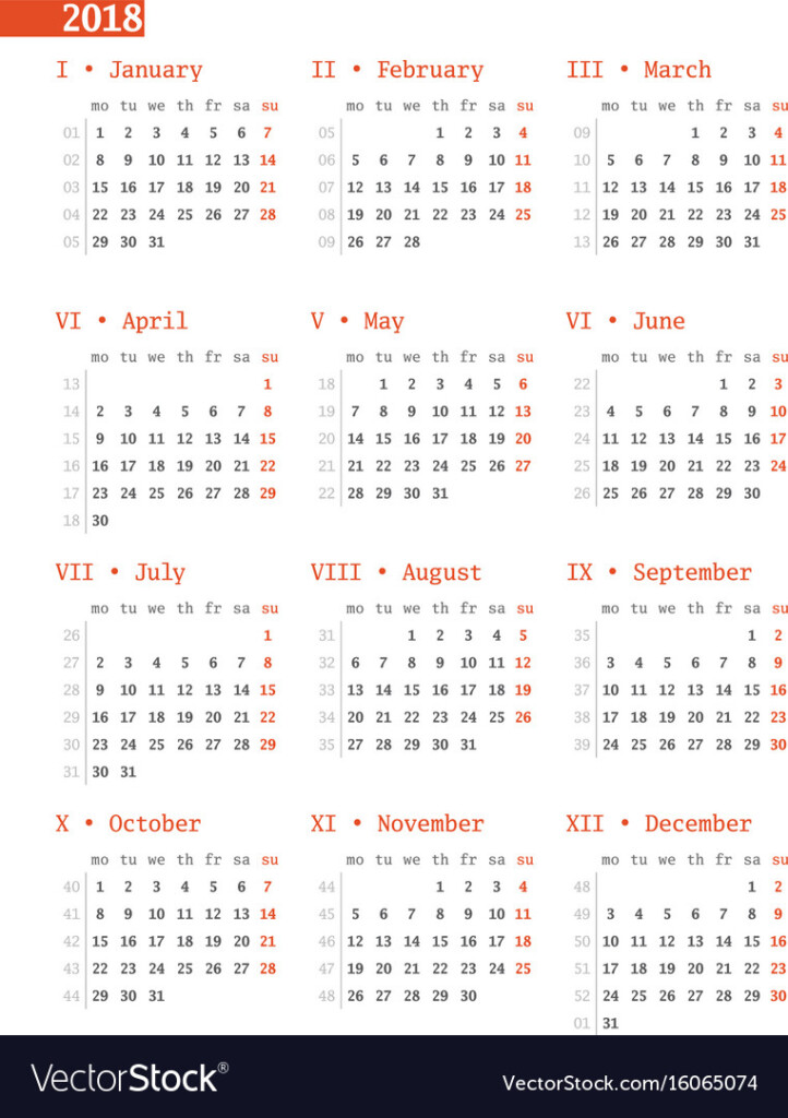 Calendar For 2018 Year With Week Numbers On White Vector Image - 2018 Calendar Showing Numbered Weeks