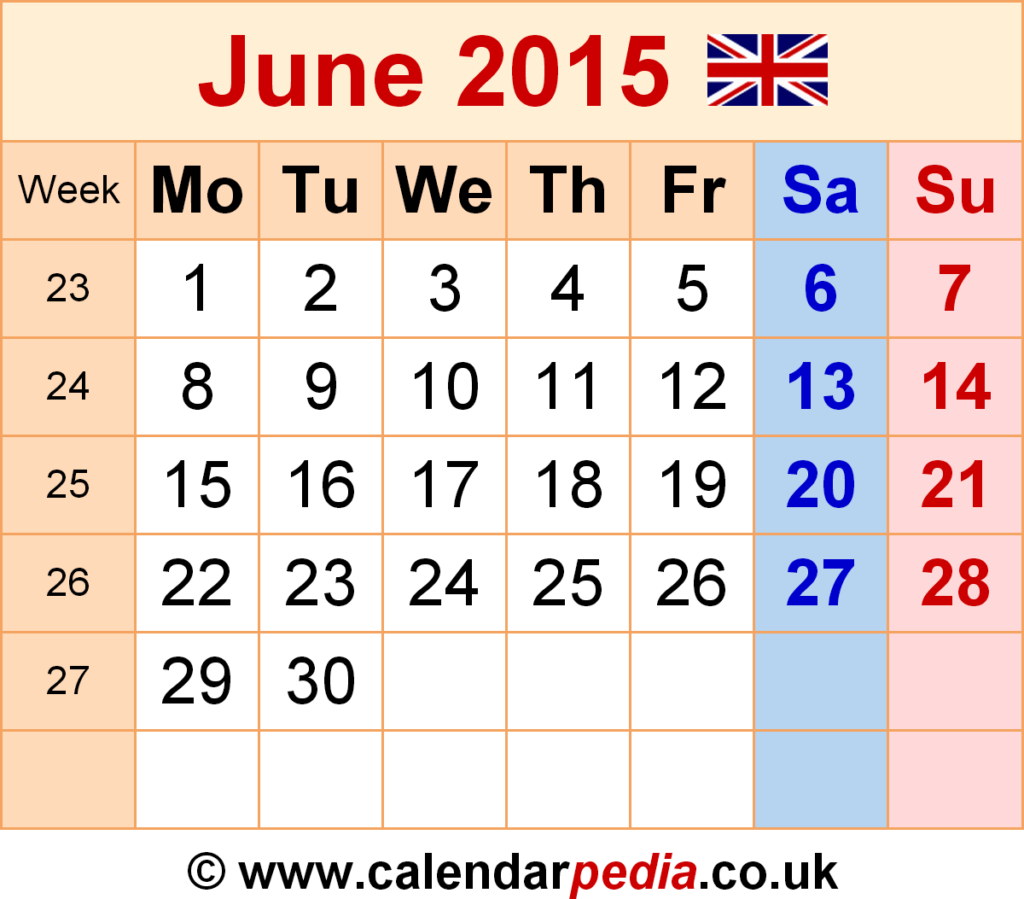 Calendar June 2015 UK With Excel Word And PDF Templates - June 2015 Calendar With Week Numbers