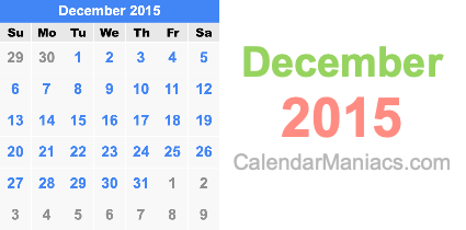 December 2015 Calendar - December 2015 Calendar With Week Numbers