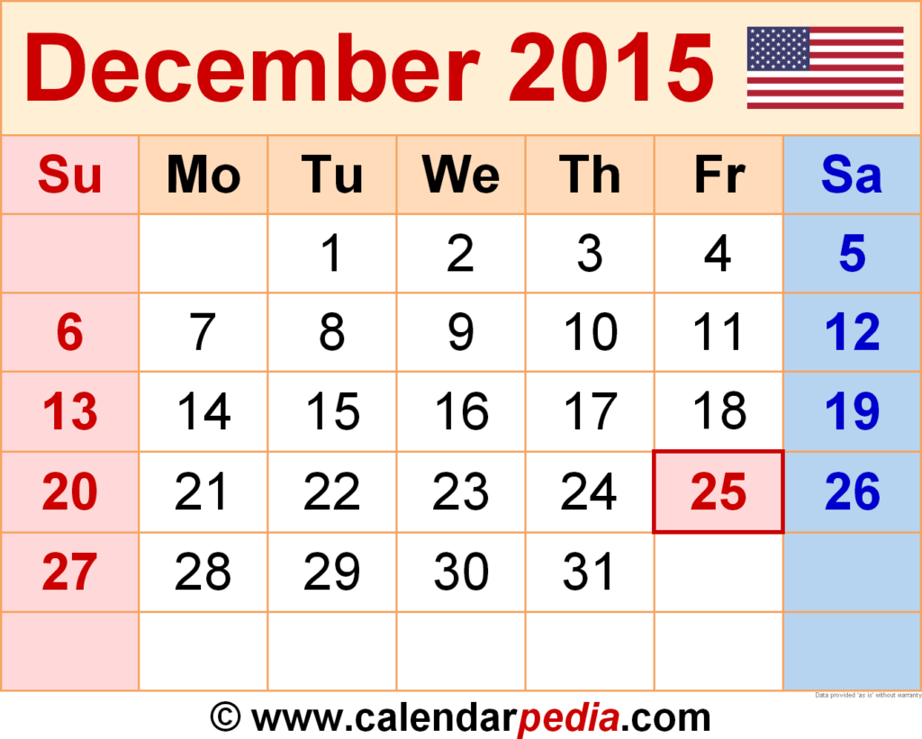 December 2015 Calendar Templates For Word Excel And PDF - December 2015 Calendar With Week Numbers