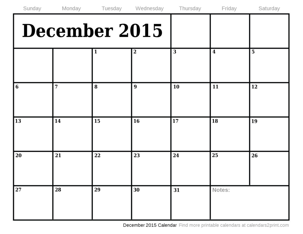 December 2015 Printable Calendar - December 2015 Calendar With Week Numbers