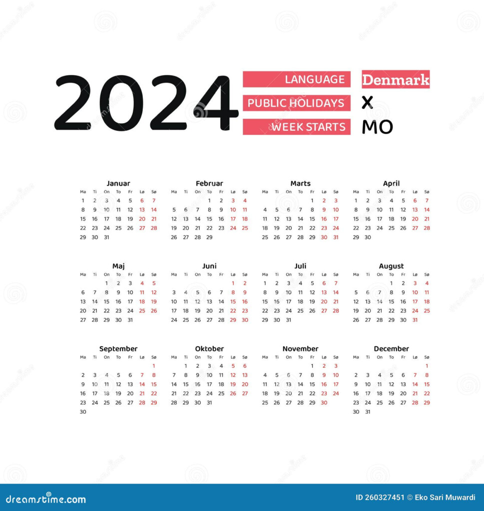 Denmark Calendar 2024 Week Starts From Monday Vector Graphic Design  - Danish Calendar Week Numbers