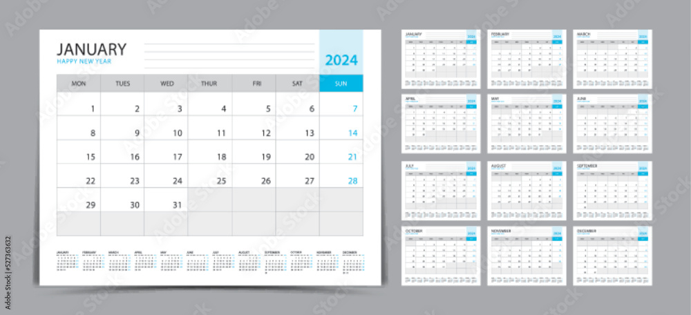 Desk Calendar 2024 Set Monthly Calendar Template For 2024 Year Week  - Desk Calendar With Week Numbers 2024