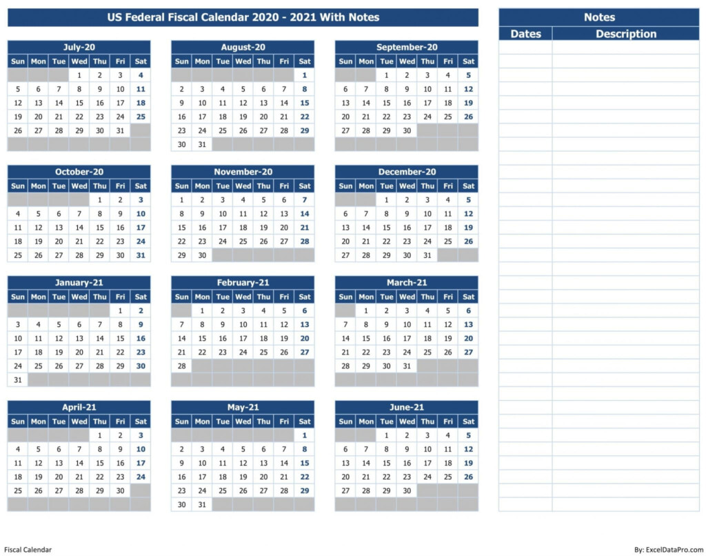 Download US Federal Fiscal Calendar 2020 21 With Notes Excel Template  - Fiscal Calendar 2020 Week Numbers