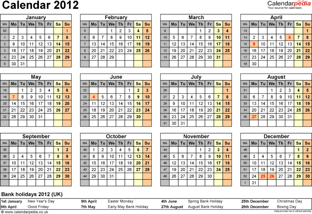 Excel Calendar 2012 UK 11 Printable Templates xlsx Free  - Calendar 2012 Week Numbers Uk