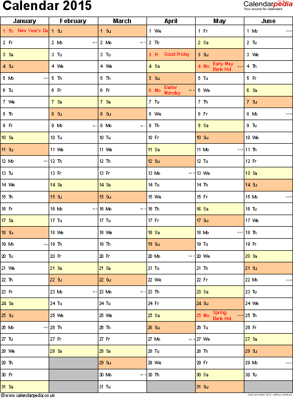 Excel Calendar 2015 UK 16 Printable Templates xlsx Free  - Excel Year Calendar 2015 With Week Numbers