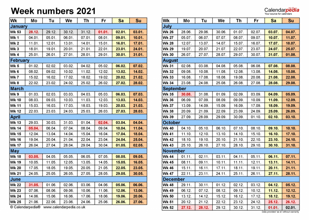 Excel Calendar 2021 With Week Numbers - Excel Calendar Showing Week Numbers