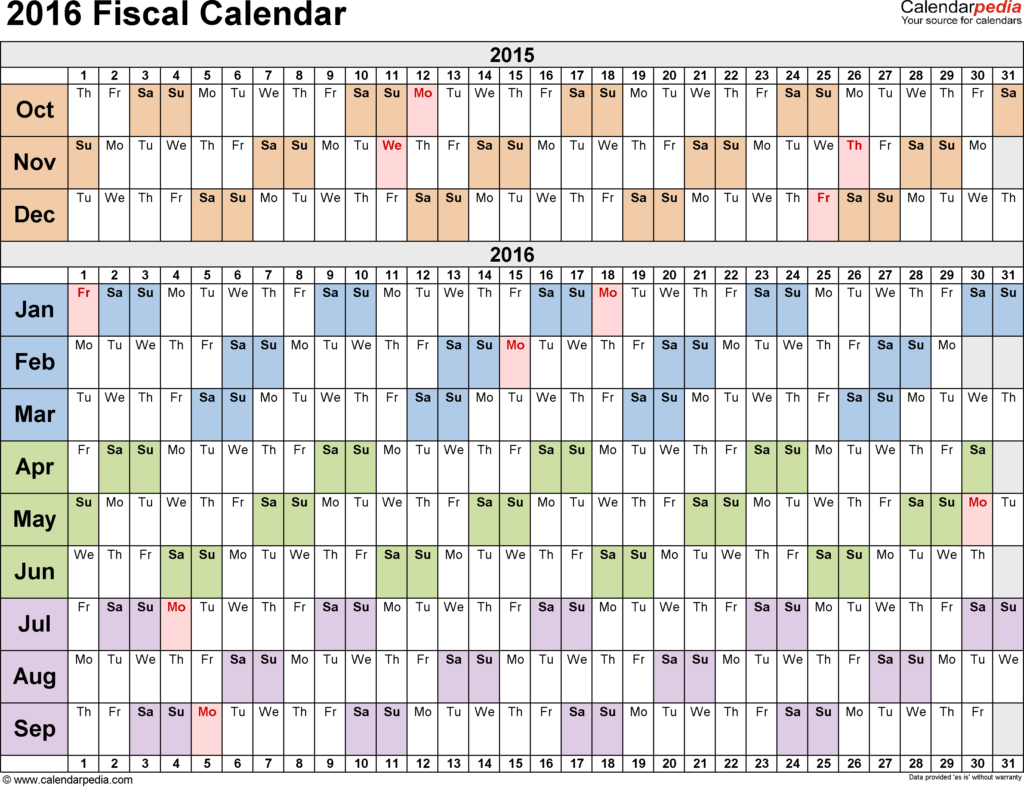 Fiscal Calendars 2016 Free Printable PDF Templates - Fiscal Calendar 2016 17 Week Numbers