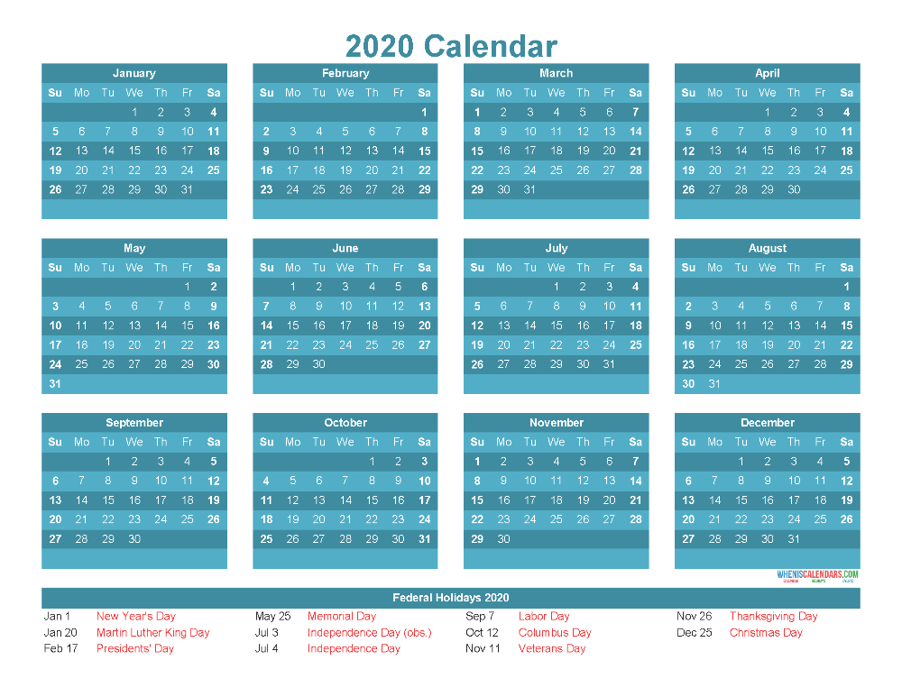 Free 2020 12 Month Calendar Printable PDF Excel Image Free  - 12 Month 2020 Calendar Numbered Weeks