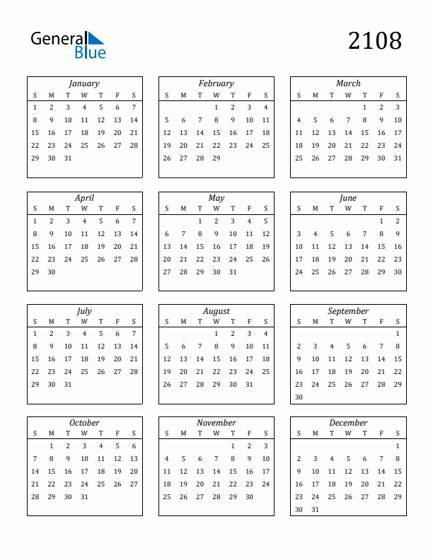 Free 2108 Calendars In PDF Word Excel - 2108 Calendar With Week Numbers