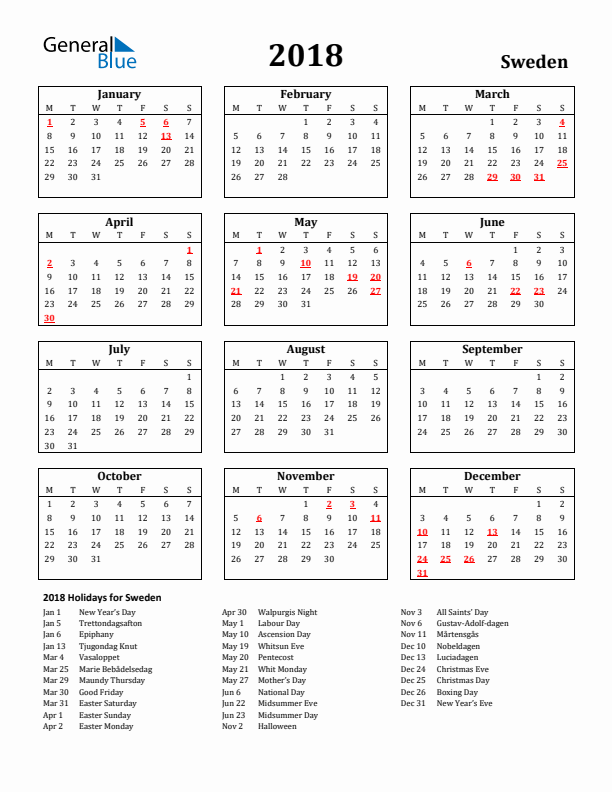 Free Printable 2018 Sweden Holiday Calendar - Swedish Calendar 2018 With Week Numbers