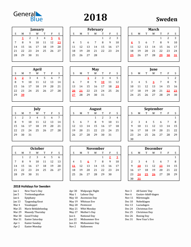 Free Printable 2018 Sweden Holiday Calendar - Swedish Calendar 2018 With Week Numbers