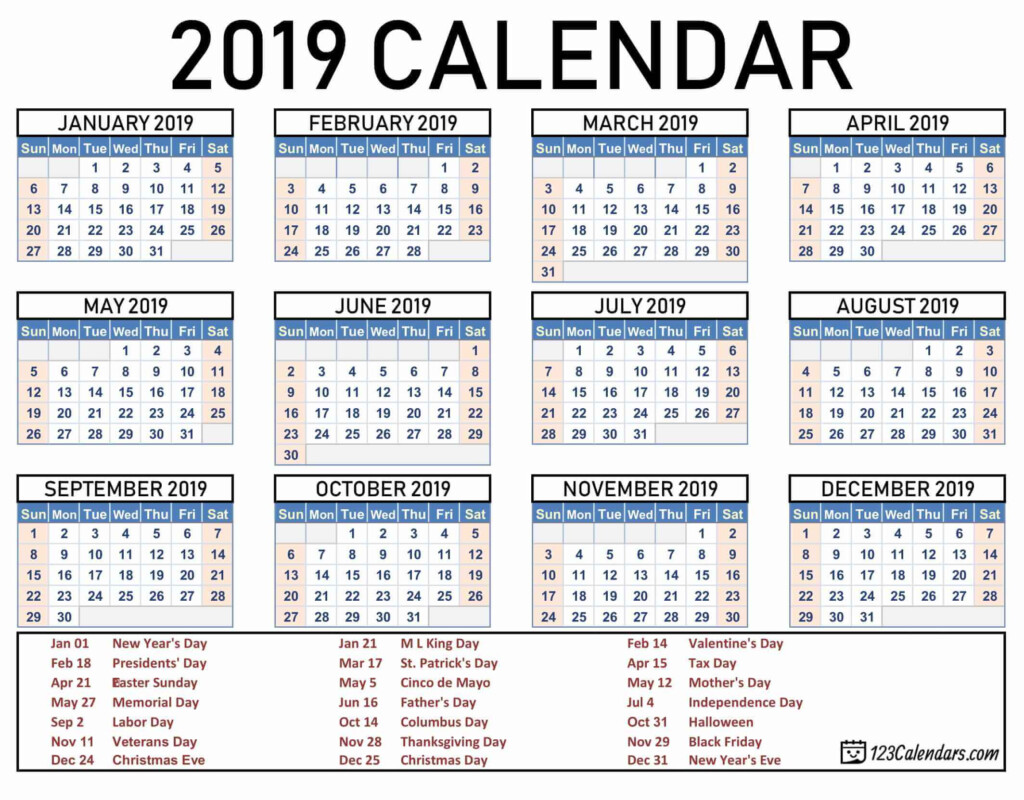 Free Printable 2019 Calendar 123Calendars - 2019 One Page Calendar With Week Numbers