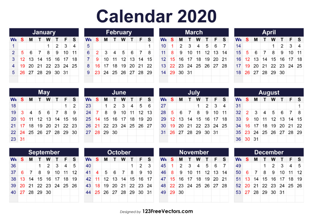 Free Printable 2020 Calendar With Week Numbers - 12 Month 2020 Calendar Numbered Weeks