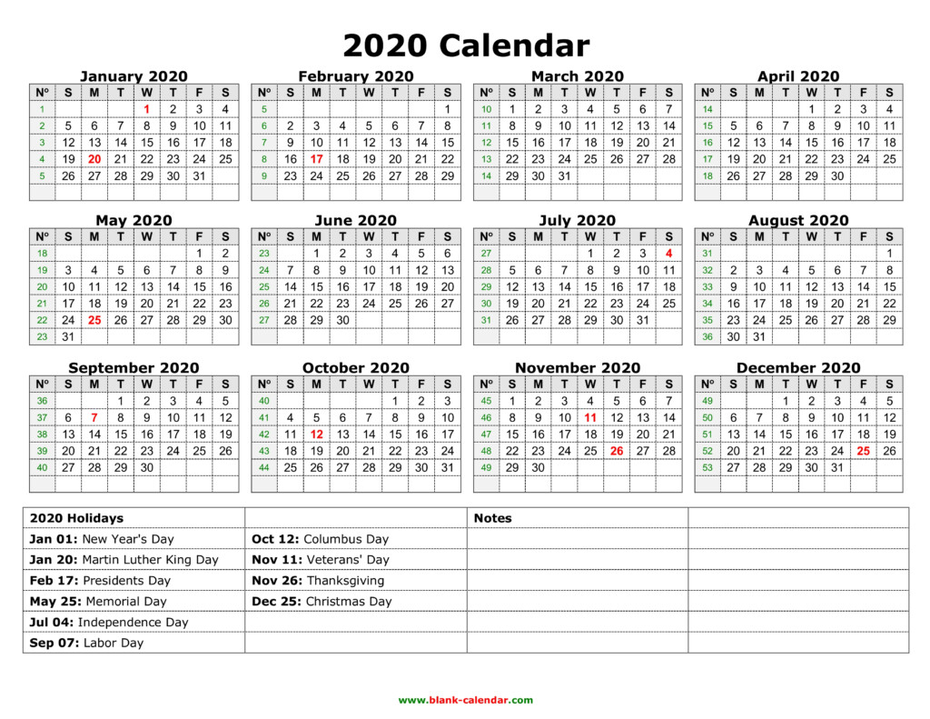 Free Printable 2020 Yearly Calendar With Holidays Vrogue co - 2020 Calendar With Holidays And Week Numbers