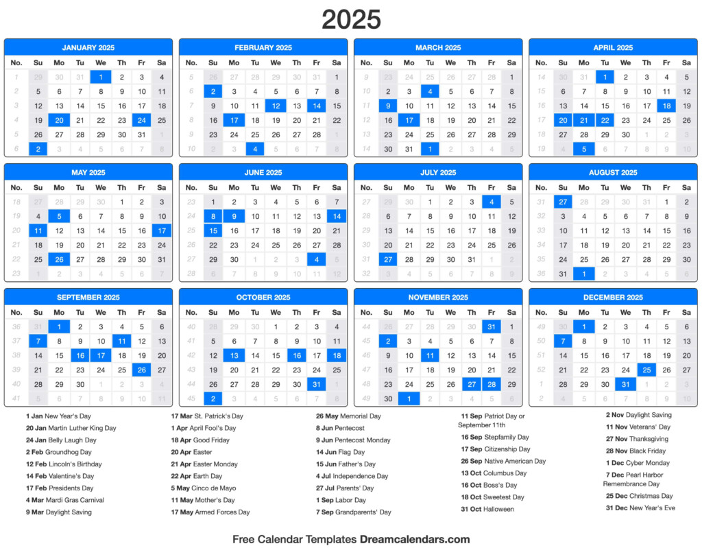 Free Printable 2025 Calendar With Holidays - 2025 Calendar With Holidays And Week Numbers