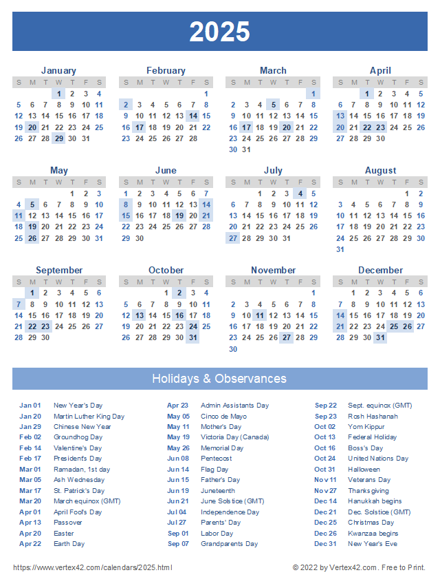 Free Printable 2025 Calendar With Holidays - 2025 Calendar With Holidays And Week Numbers