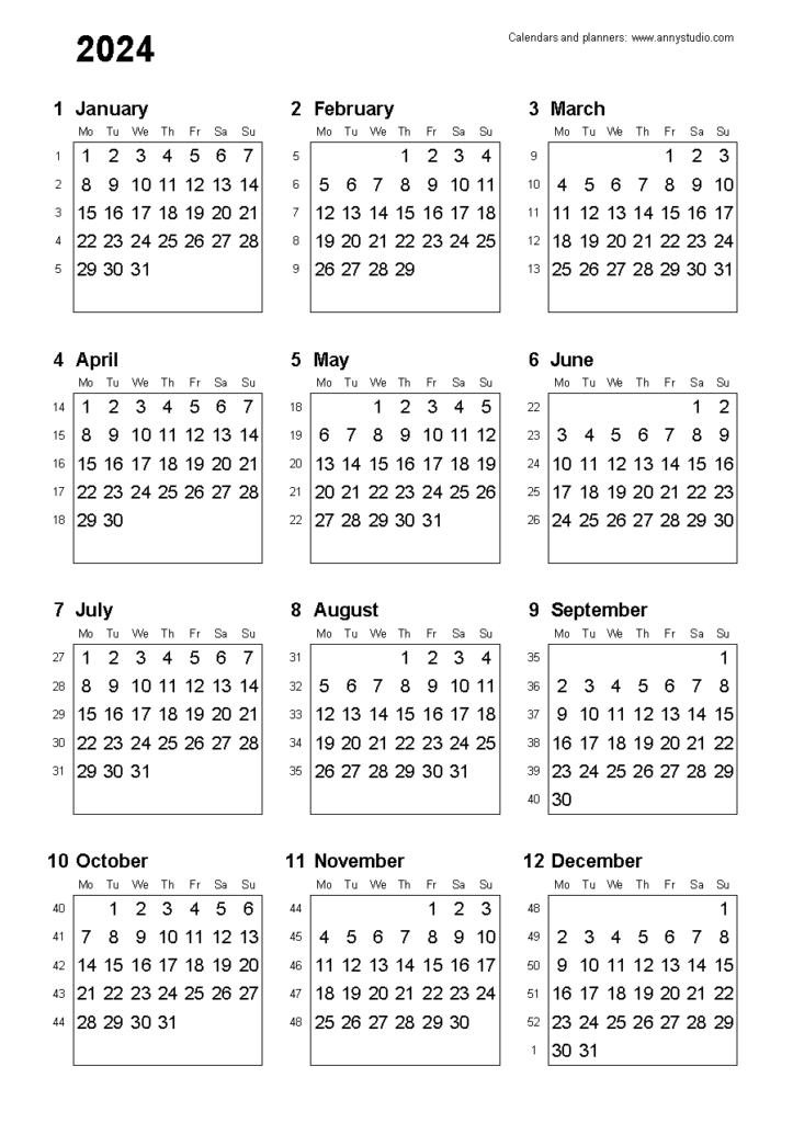 Free Printable Calendars And Planners 2024 2025 And 2026 - 2024 Calendar With Week Numbers Printable Free Download