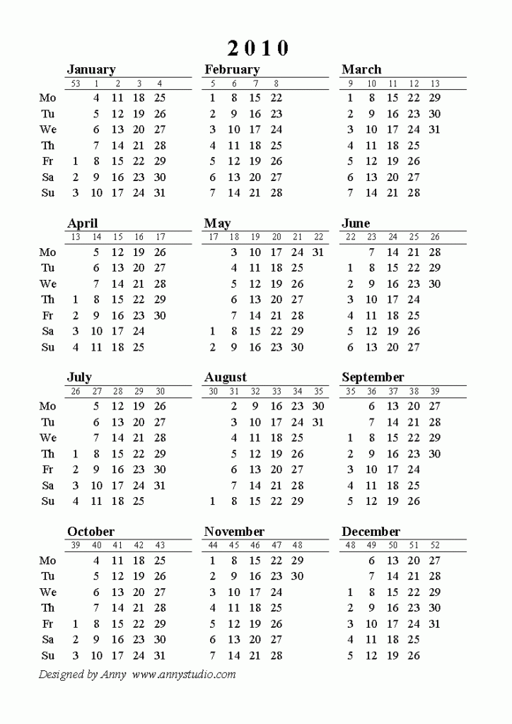 Free Printable Calendars And Planners For 2020 And Past Years - 2010 Calendar With Week Numbers