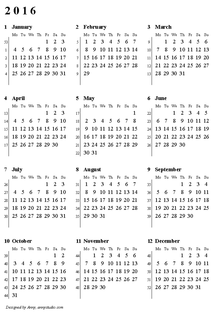 Free Printable Calendars And Planners For 2023 And Past Years - Annual Calendar With Week Numbers 2016