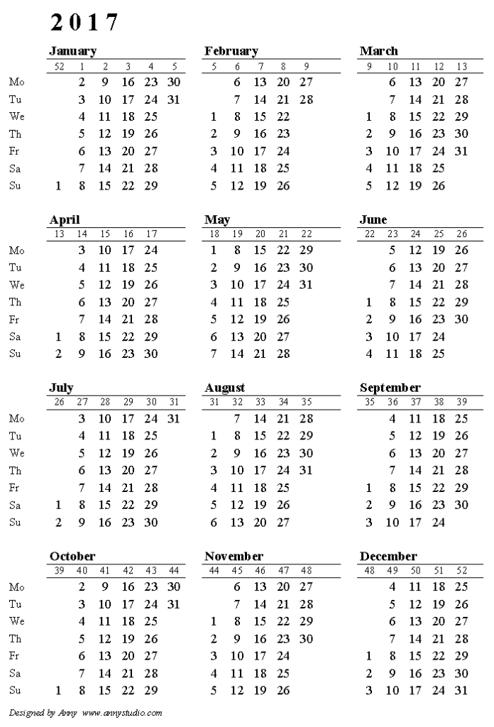 Free Printable Calendars And Planners For 2023 And Past Years - Calendar 2017 With Week Numbers Uk