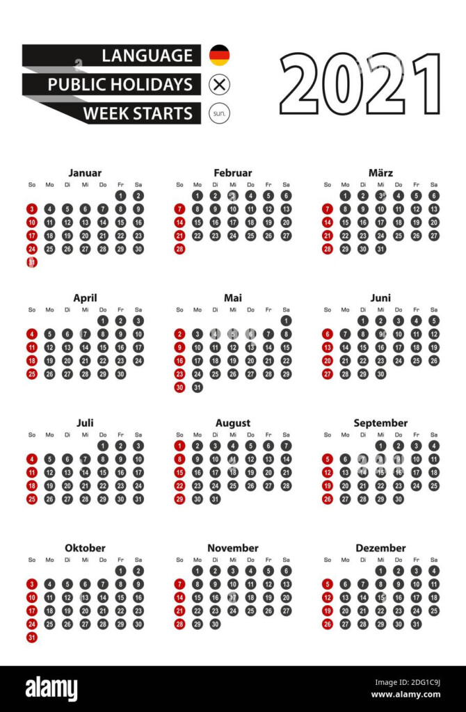 German Calendar 2021 With Numbers In Circles Week Starts On Sunday  - Week Numbers In German Calendar