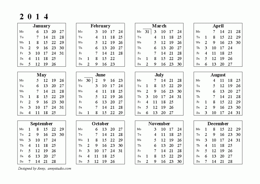 Horizontal Single Page Calendar 2014 Weeks Are In Columns And Start On  - Calendar 2014 Week Numbers Uk