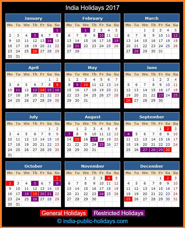 India Holidays 2017 - 2017 Calendar With Week Numbers India