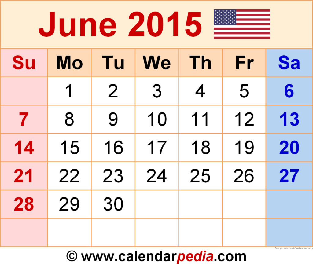 June 2015 Calendar Templates For Word Excel And PDF - June 2015 Calendar With Week Numbers