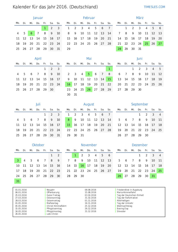 Kalender F r 2016 Mit Feiertagen In Deutschland Kalender Drucken Und  - Germany Calendar 2016 Week Numbers