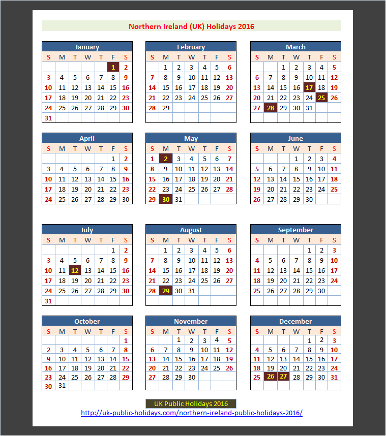 Northern Ireland UK Public Holidays 2016 UK Holidays - 2016 Calendar With Week Numbers Ireland