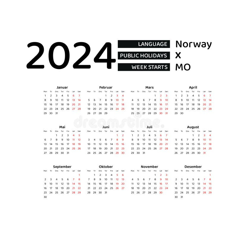 Norway Calendar 2024 Week Starts From Monday Vector Graphic Design  - Norwegian Calendar Week Numbers