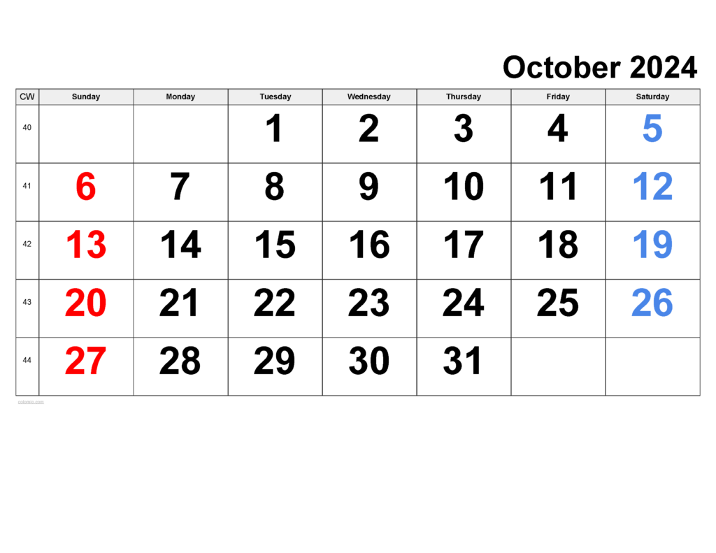 October 2024 Calendar Free Printable PDF XLS And PNG - October 2024 Calendar With Week Numbers