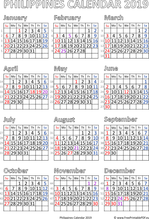 Philippines Calendar 2019 Printable Free Printable PDF - 2019 Calendar With Week Numbers Printable Philippines