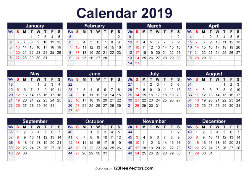 Printable 2019 Calendar With Week Numbers - Calendar 2019 Including Week Numbers