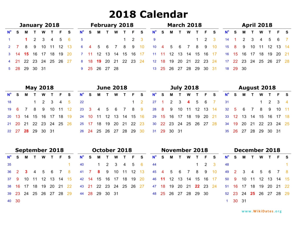 Printable Calendar Of 2018 - Monthly Calendar With Week Numbers 2018