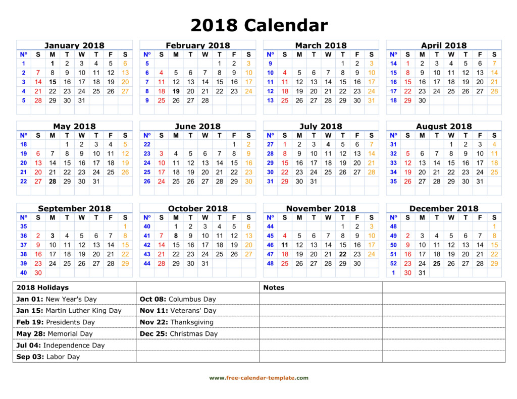 Printable Yearly Calendar 2018 With US Holidays Free calendar  - Year Calendar 2018 With Holidays And Week Numbers