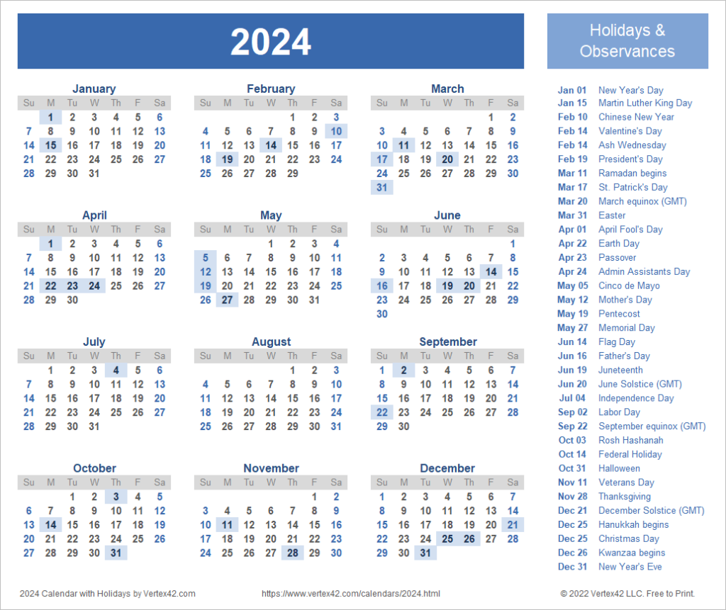 Printable Yearly Calendar 2024 With Holidays 2024 Calendar With Week  - 2024 Calendar With Holidays And Week Numbers