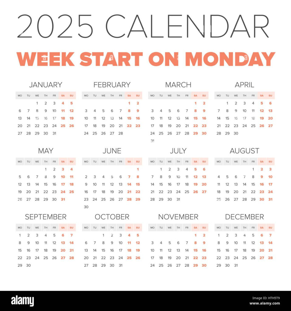 Simple 2025 Year Calendar Week Starts On Monday Stock Vector Image  - 2025 Calendar With Week Numbers Starting Monday