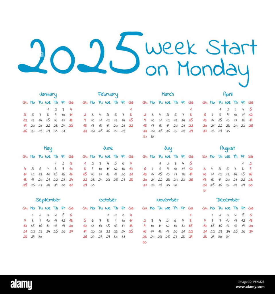 Simple 2025 Year Calendar Week Starts On Monday Stock Vector Image  - 2025 Calendar With Week Numbers Starting Monday