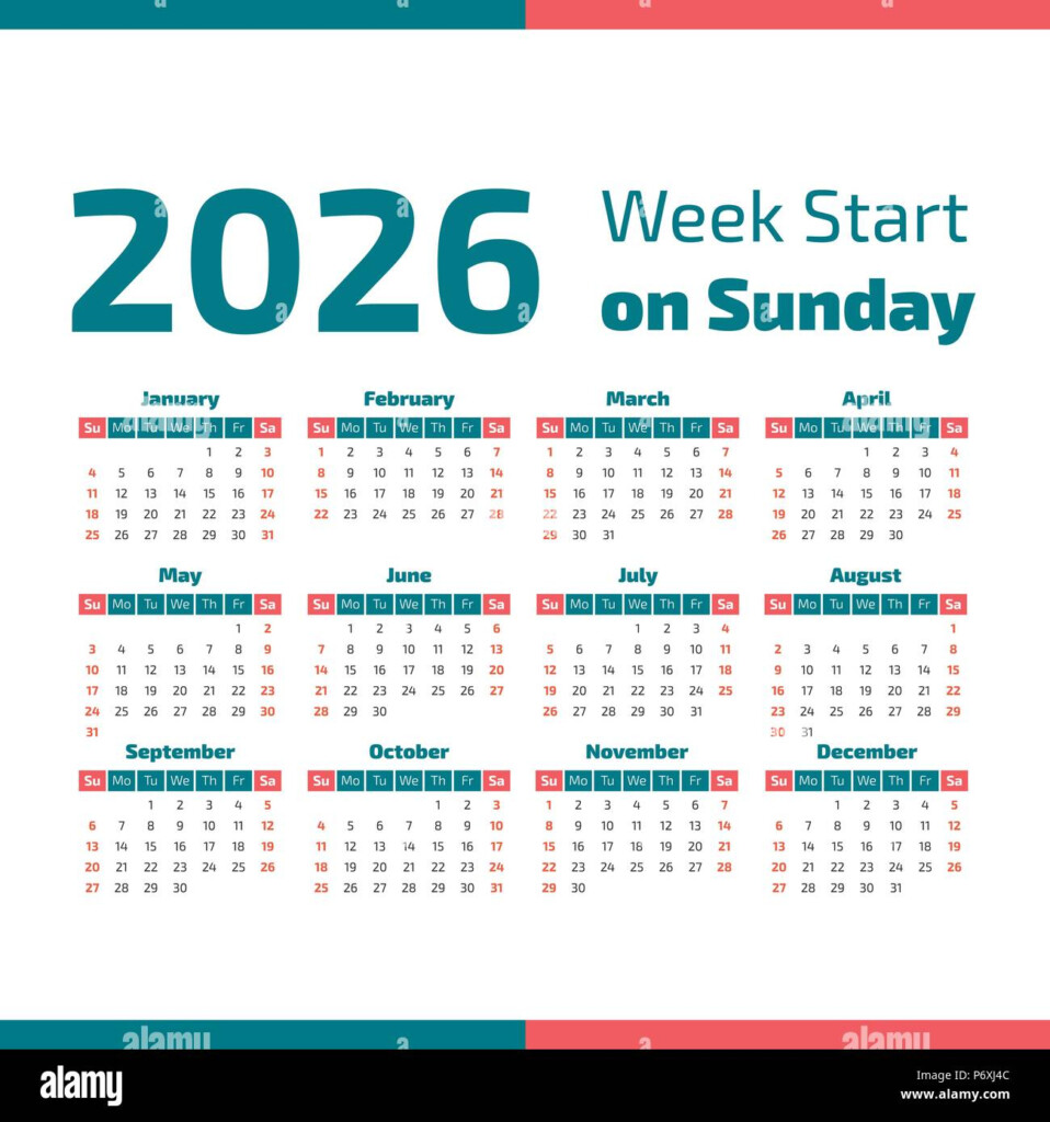 Simple 2026 Year Calendar Week Starts On Sunday Stock Vector Image  - 2026 Calendar With Week Numbers