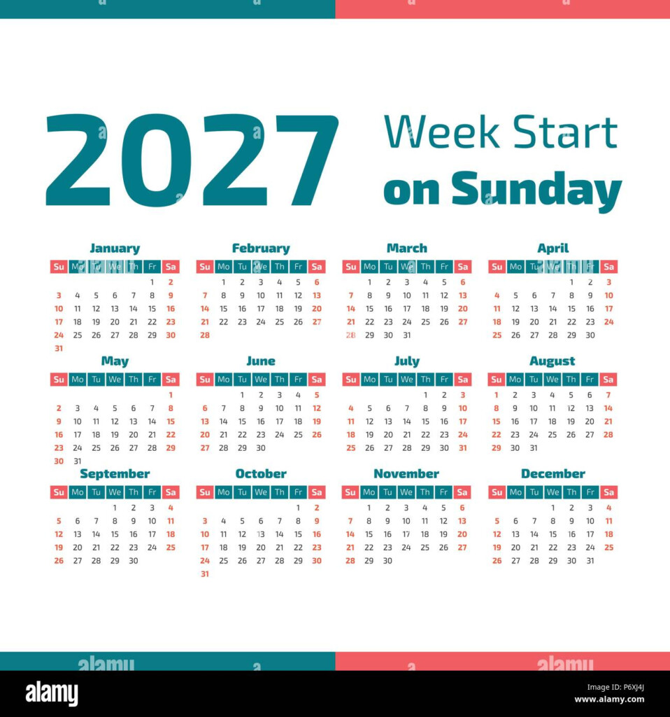 Simple 2027 Year Calendar Week Starts On Sunday Stock Vector Image  - 2027 Calendar With Week Numbers