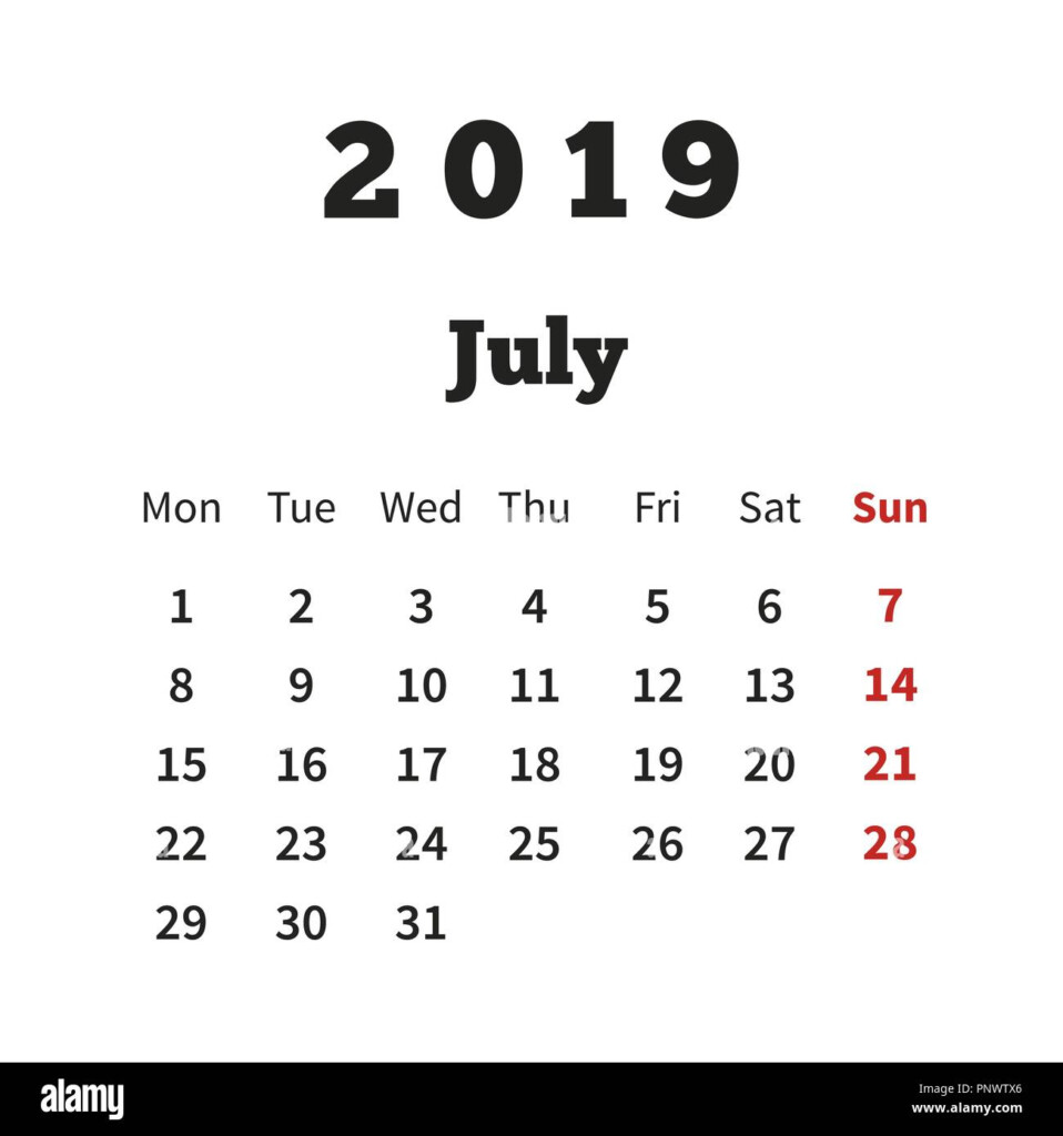 Simple Calendar On July 2019 Year With Week Starting From Monday On  - July 2019 Calendar With Week Numbers