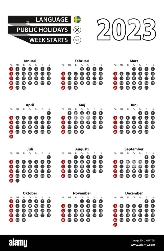 Swedish Calendar 2023 With Numbers In Circles Week Starts On Sunday  - Swedish Calendar Week Numbers