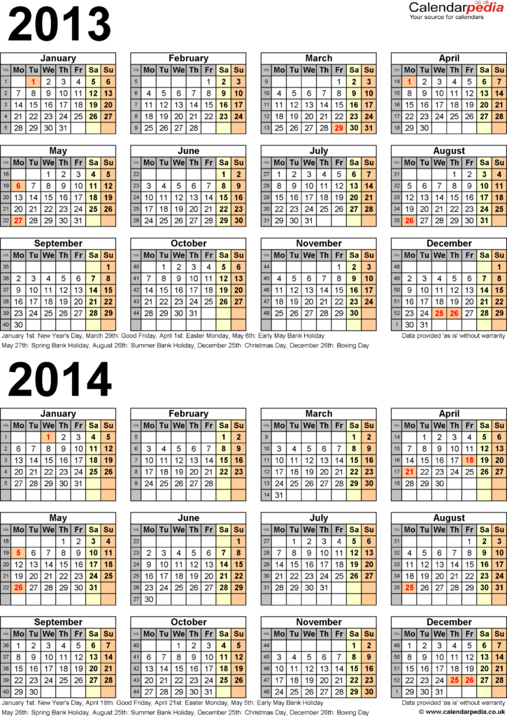 Two Year Calendars For 2013 And 2014 UK For Microsoft Word - 2013 And 2014 Calendar With Week Numbers